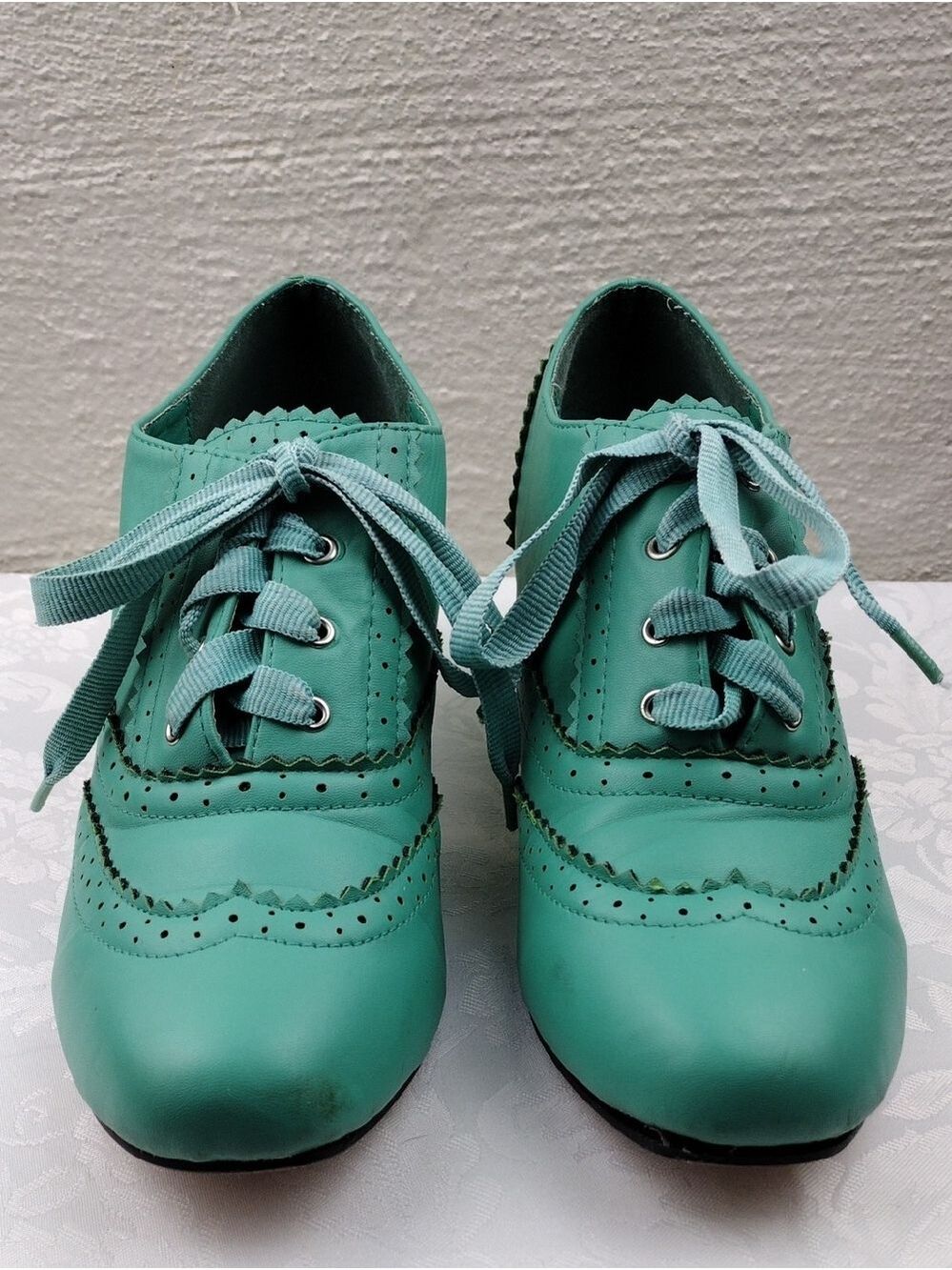 Machi Coca-01 Teal Leather Lace Up Scalloped Upper Heeled 1930 Style Oxford Shoe - Picture 2 of 16